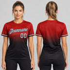 Custom Red Fade Performance T-Shirt with Gray and Black Lettering worn by female model