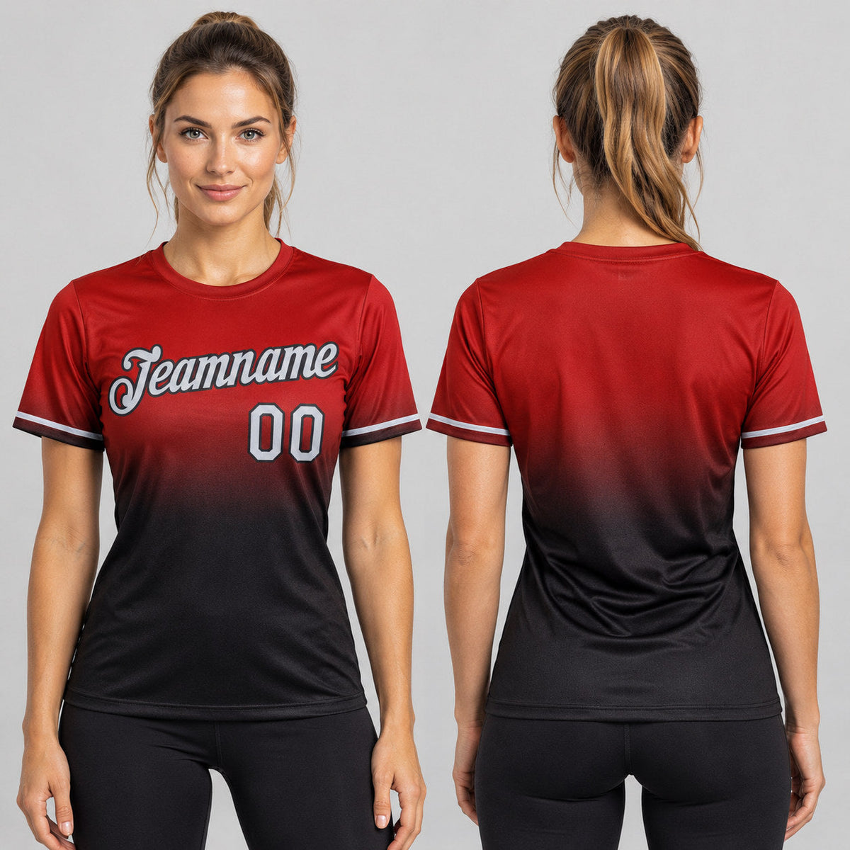 Custom Red Fade Performance T-Shirt with Gray and Black Lettering worn by female model