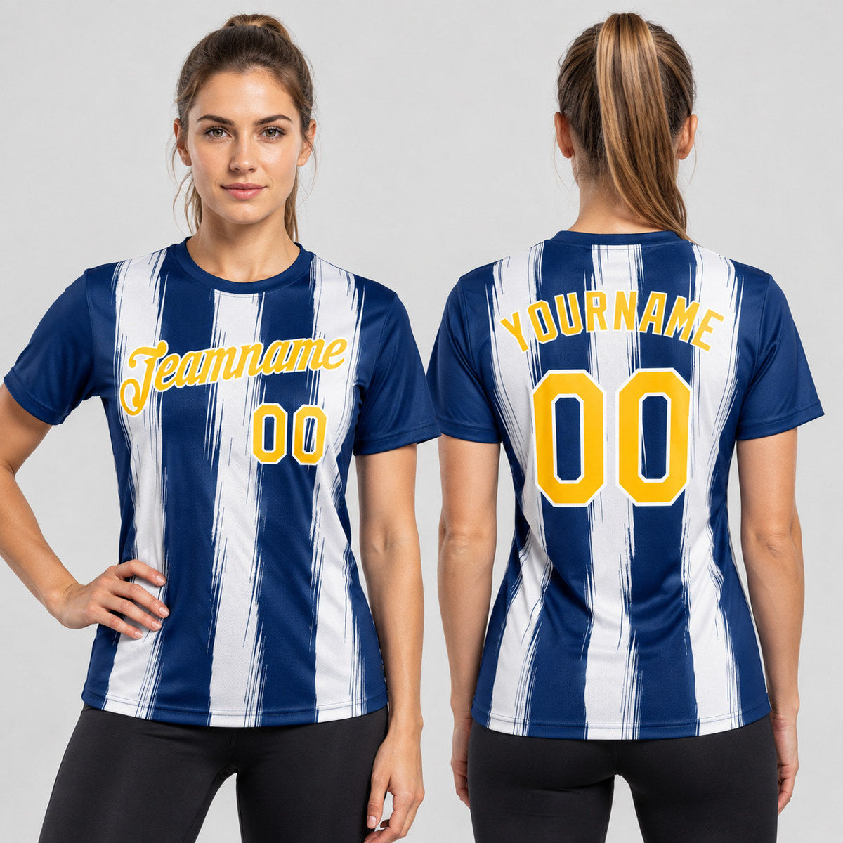 Custom US Navy Blue Esports T-Shirt with Gold and White Lettering worn by female model