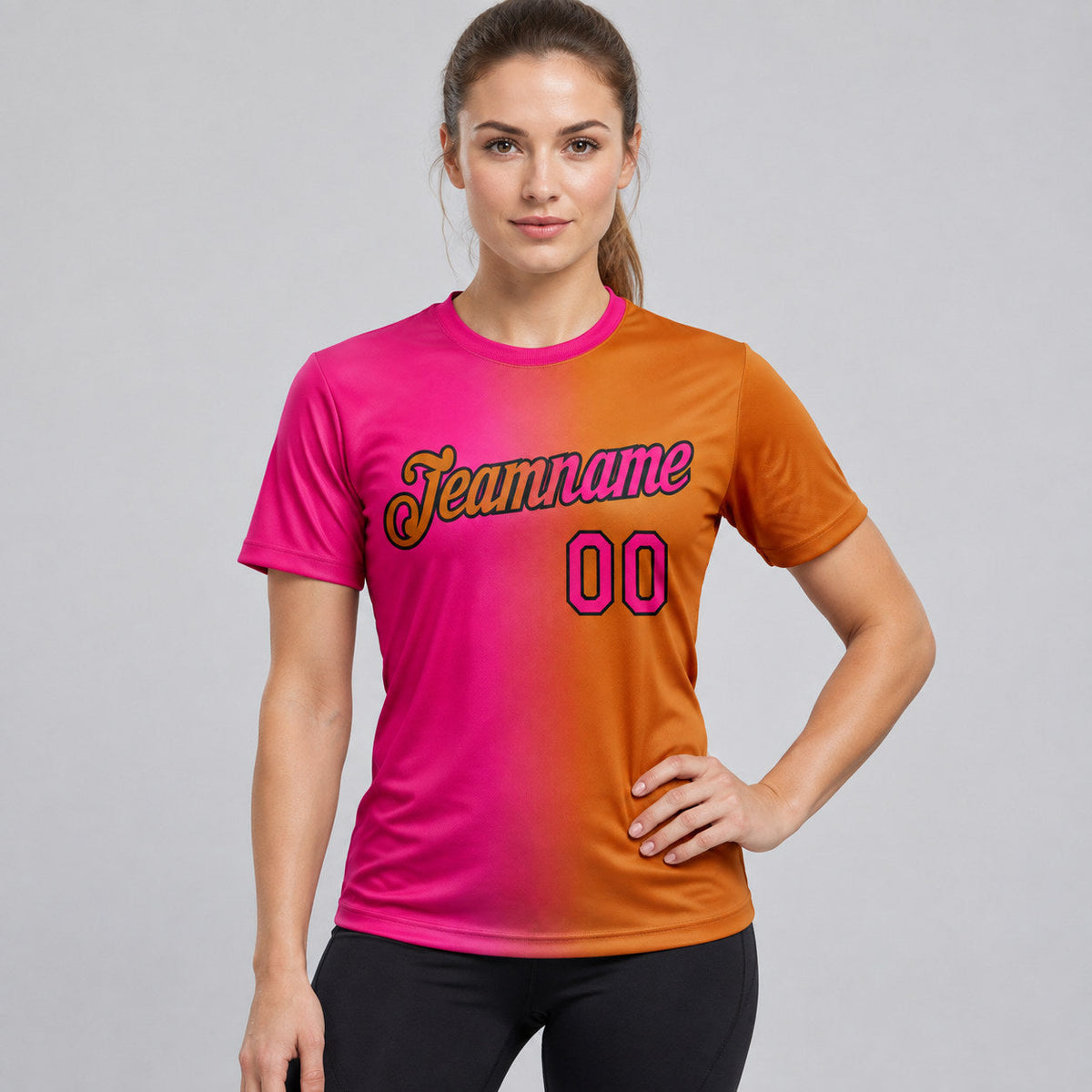 Custom Texas Orange Gradient Performance T-Shirt with Hot Pink and Black Lettering worn by female model