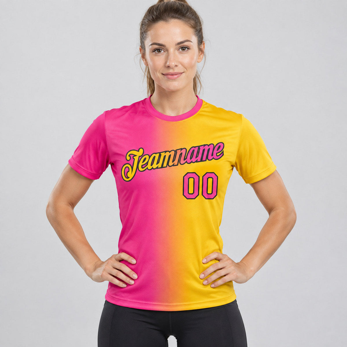 Custom Yellow Gradient Performance T-Shirt with Pink and Black Lettering Design 0429 worn by female model