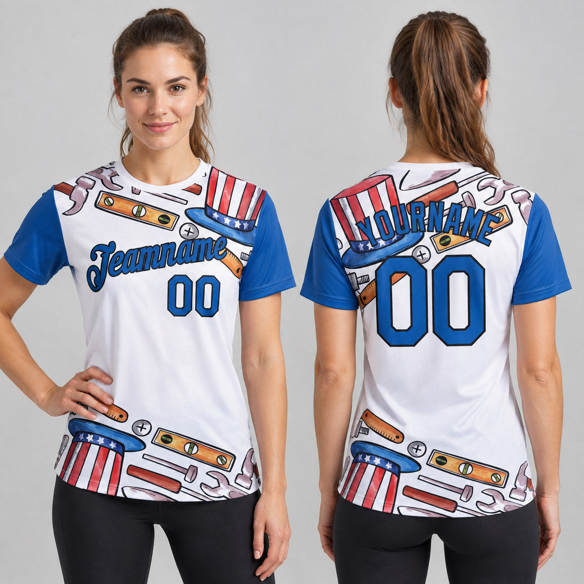 Custom White American Flag Tool Labor Day Performance T-Shirt with Blue and Black Lettering worn by female model