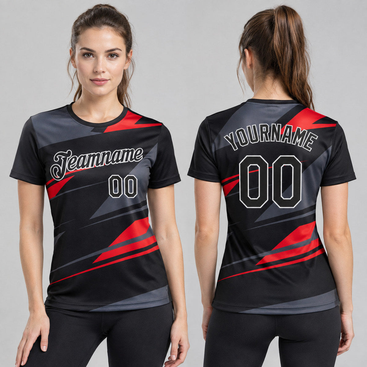 Custom Black Esports T-Shirt with Steel Gray and Fire Red Lettering worn by female model