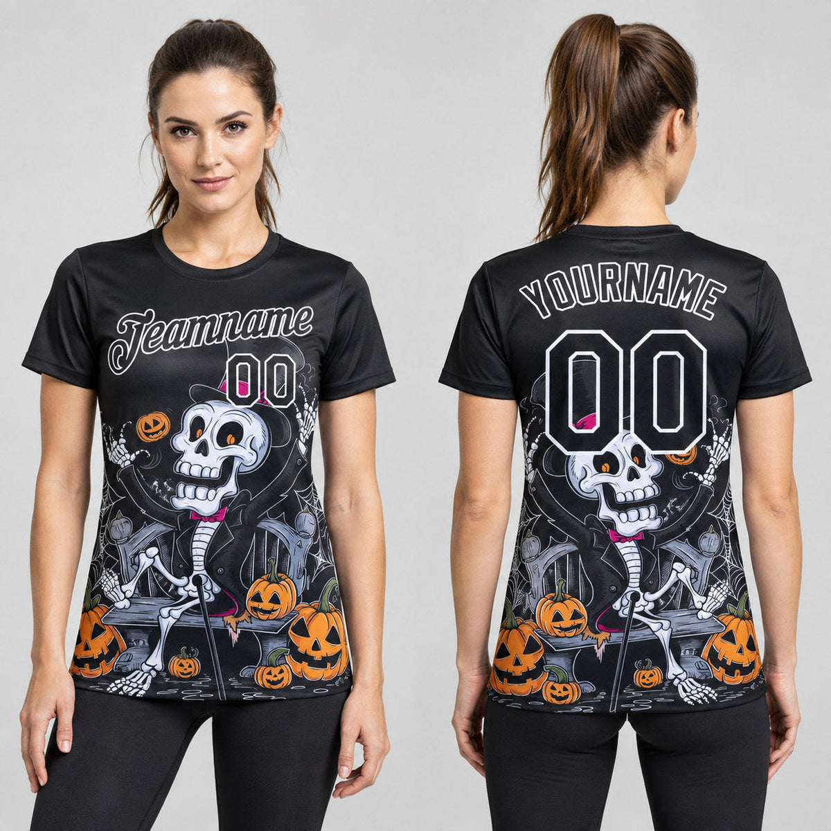 Custom Black Halloween Performance T-Shirt with White Lettering Design 5491 worn by female model
