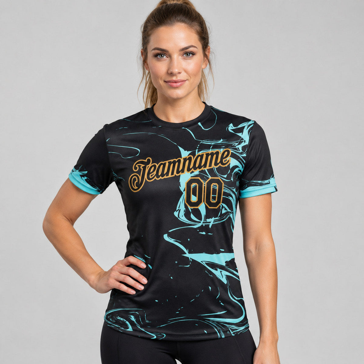 Custom Black Esports T-Shirt with Ice Blue and Old Gold Lettering worn by female model