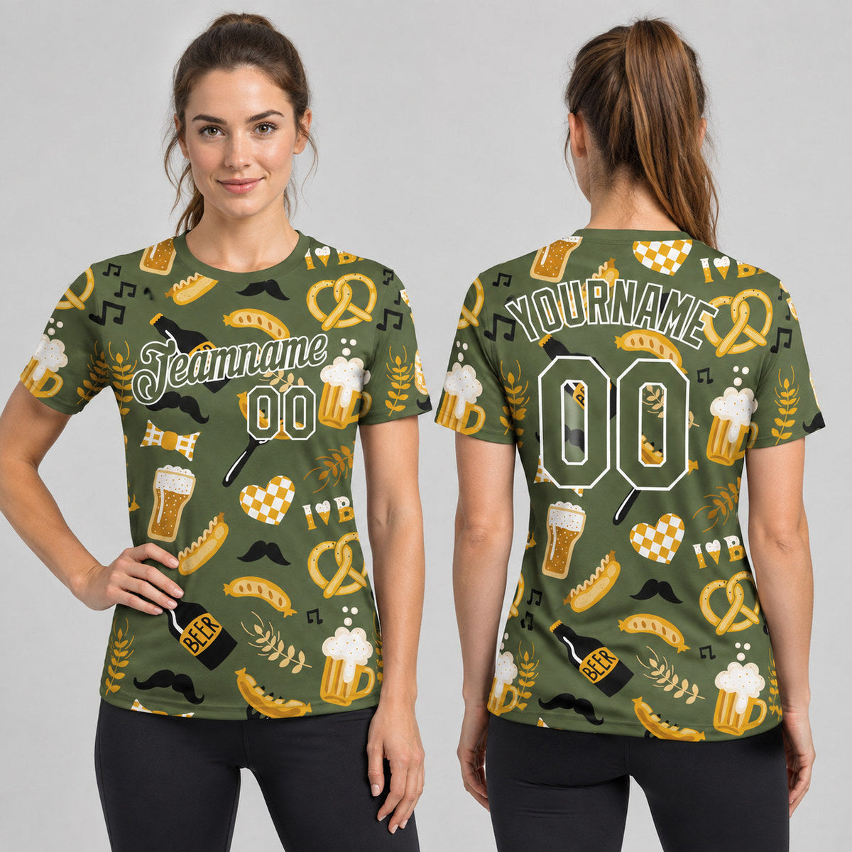 Custom Olive Oktoberfest Beer Festival Performance T-Shirt with White Lettering worn by female model