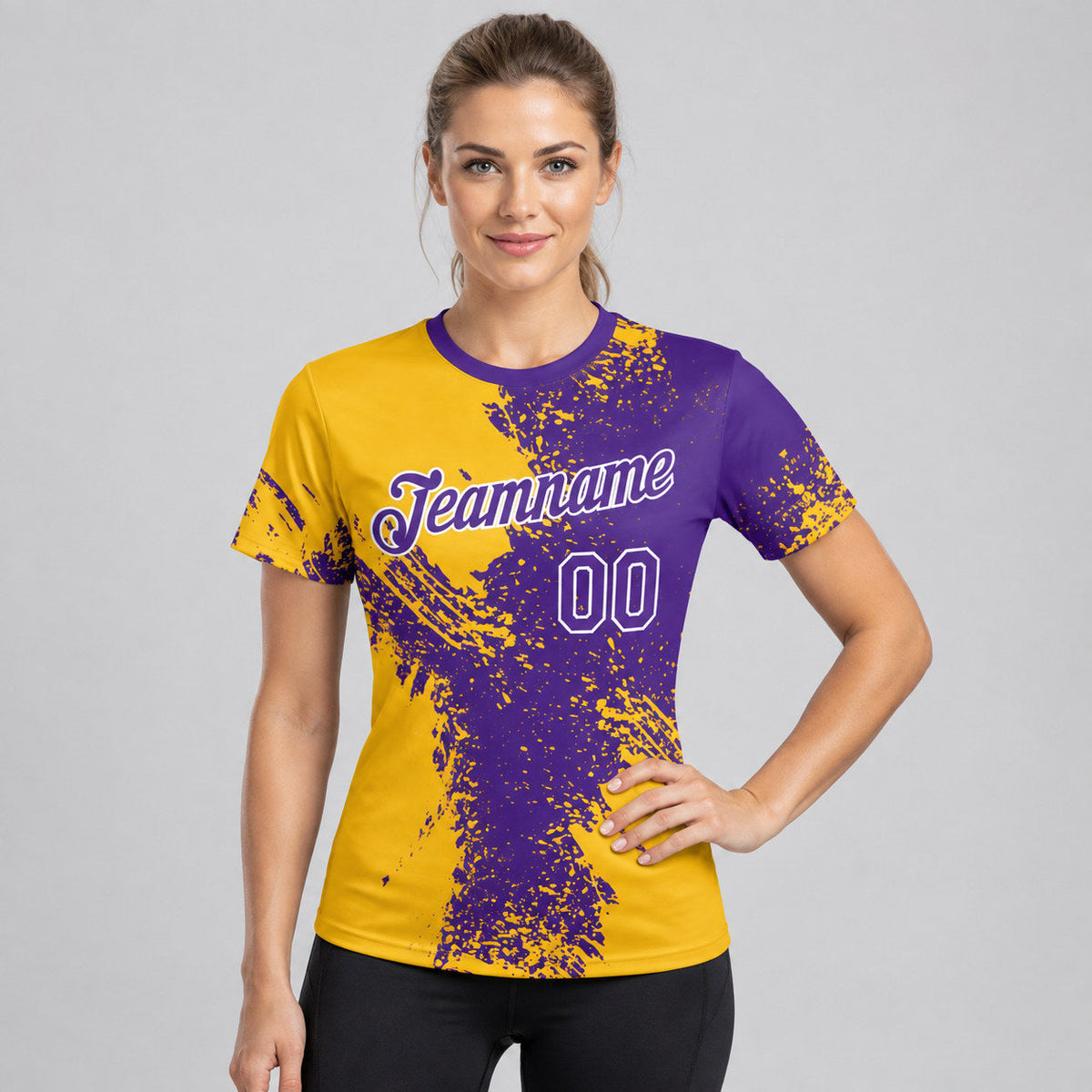 Custom Gold Abstract Brush Stroke Performance T-Shirt with Purple and White Lettering worn by female model