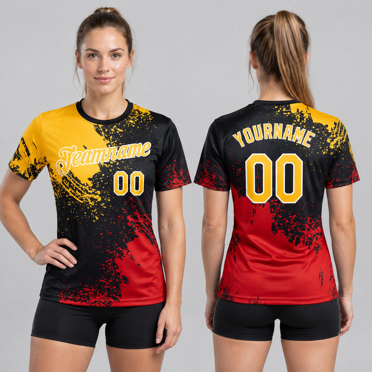 Custom Gold Abstract Brush Stroke Performance T-Shirt with Black and Red Lettering worn by female model