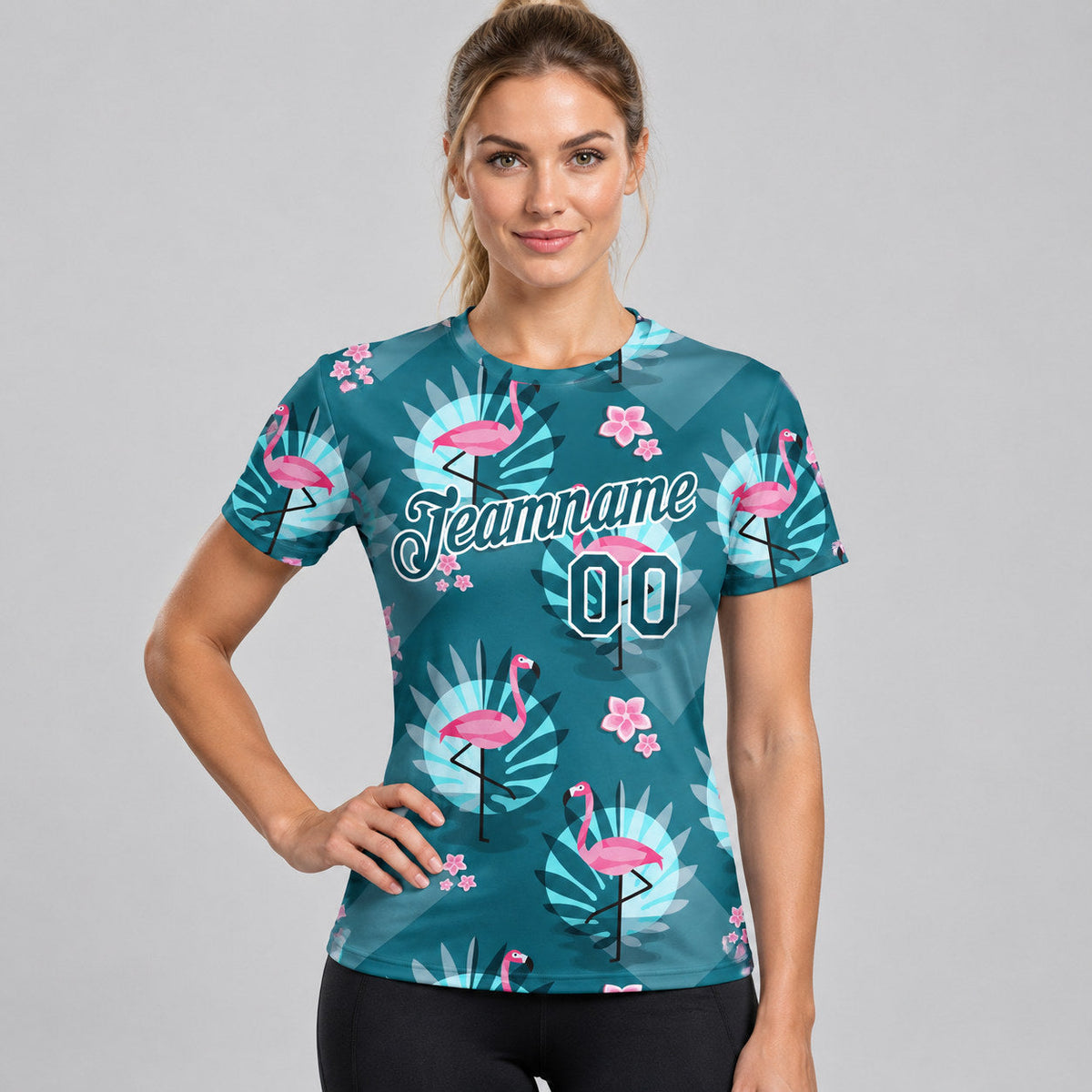 Custom Teal Tropical Hawaii Flamingo Performance T-Shirt with White Lettering worn by female model