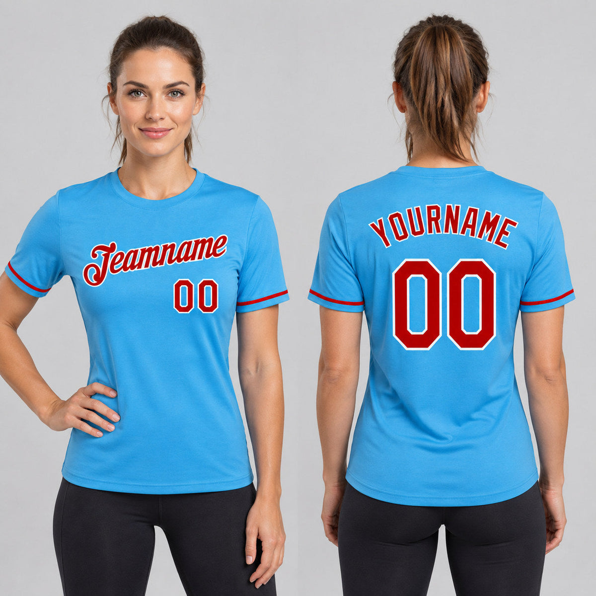 Custom Sky Blue Performance T-Shirt with Red and White Lettering worn by female model