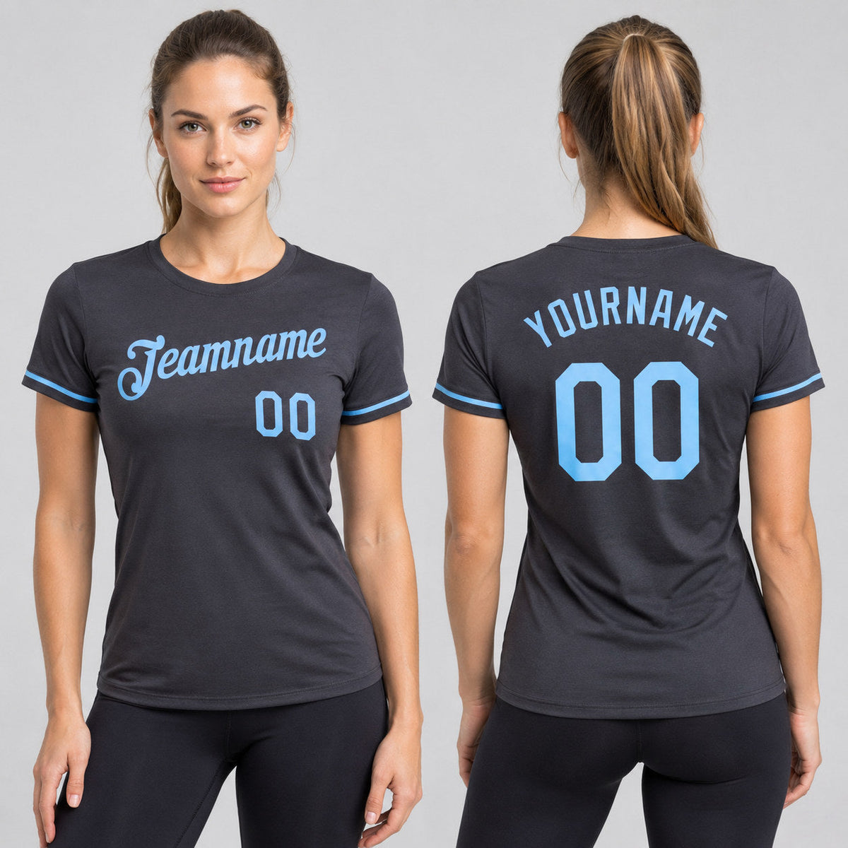 Custom Steel Gray Performance T-Shirt with Light Blue Lettering worn by female model