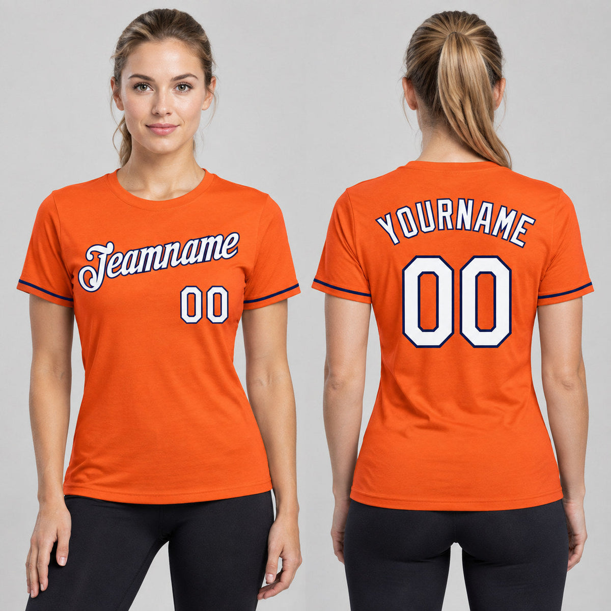 Custom Orange Performance T-Shirt with White and Navy Lettering worn by female model