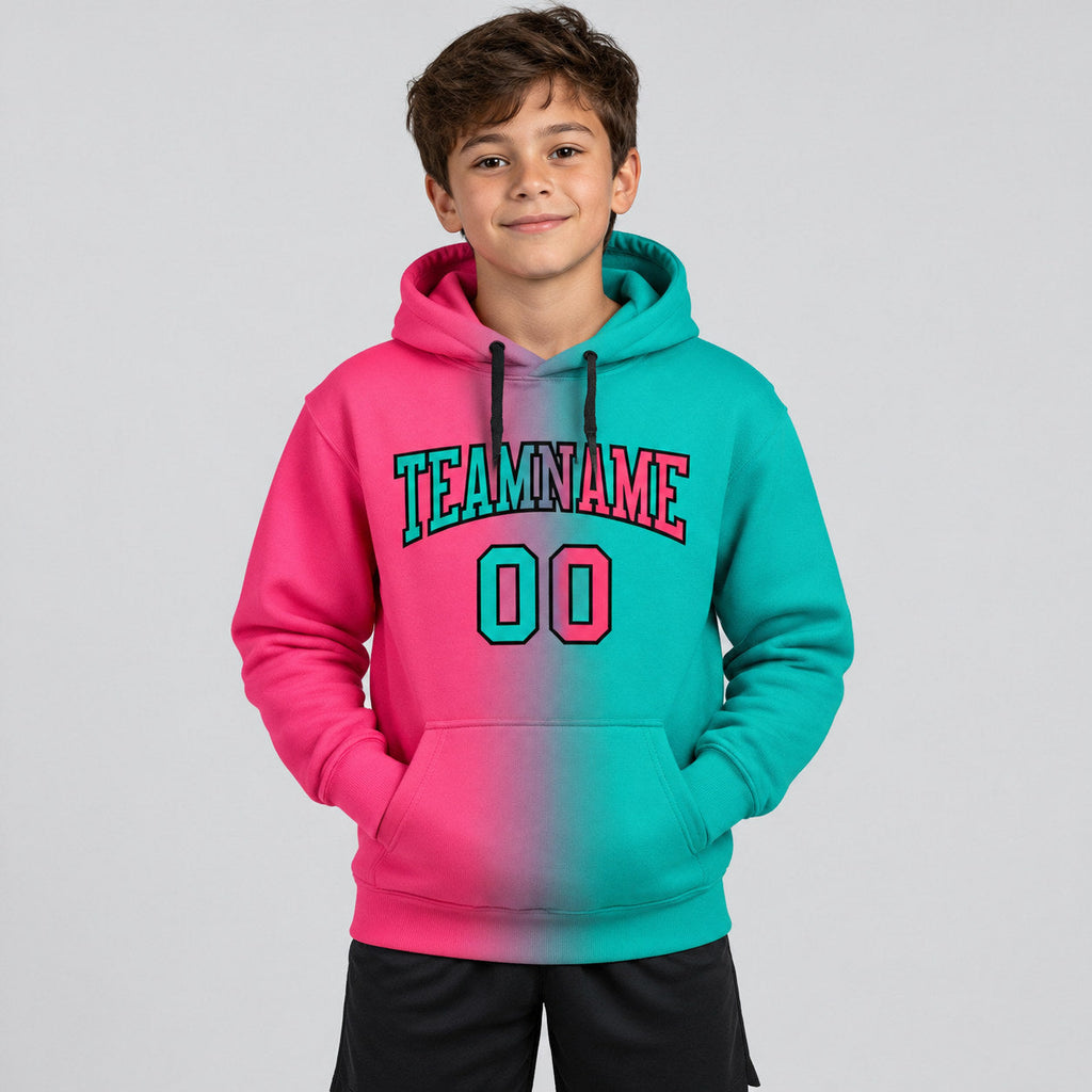 Custom Aqua Gradient Pullover Hoodie with Neon Pink and Black Lettering youth size worn by child model