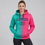 Custom Aqua Gradient Pullover Hoodie with Neon Pink and Black Lettering worn by female model