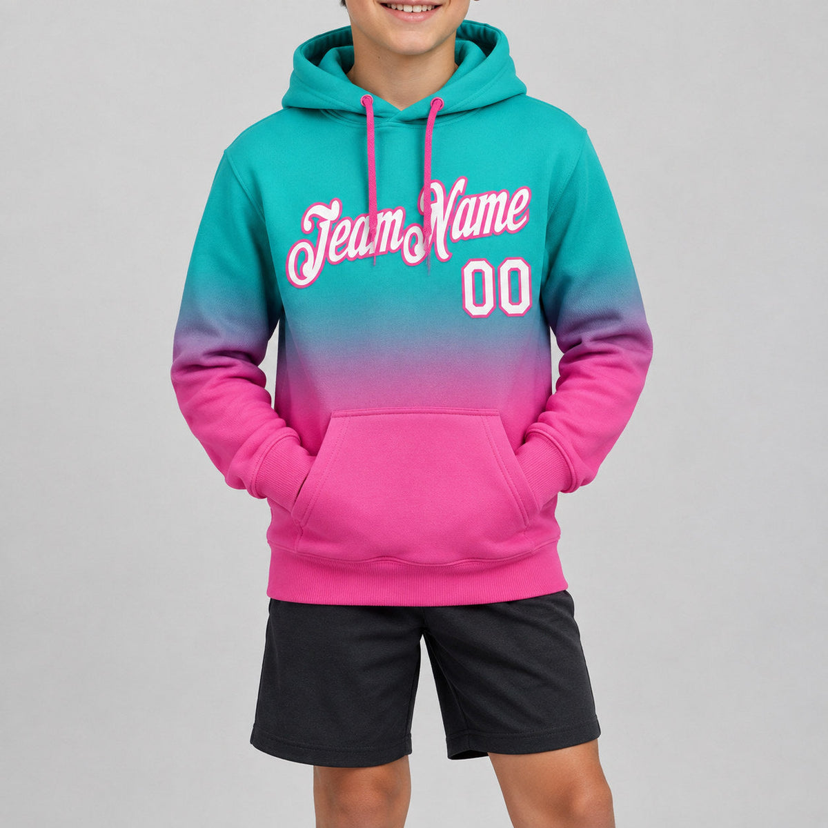 Custom Aqua Fade Pullover Hoodie with White and Pink Lettering youth size worn by child model