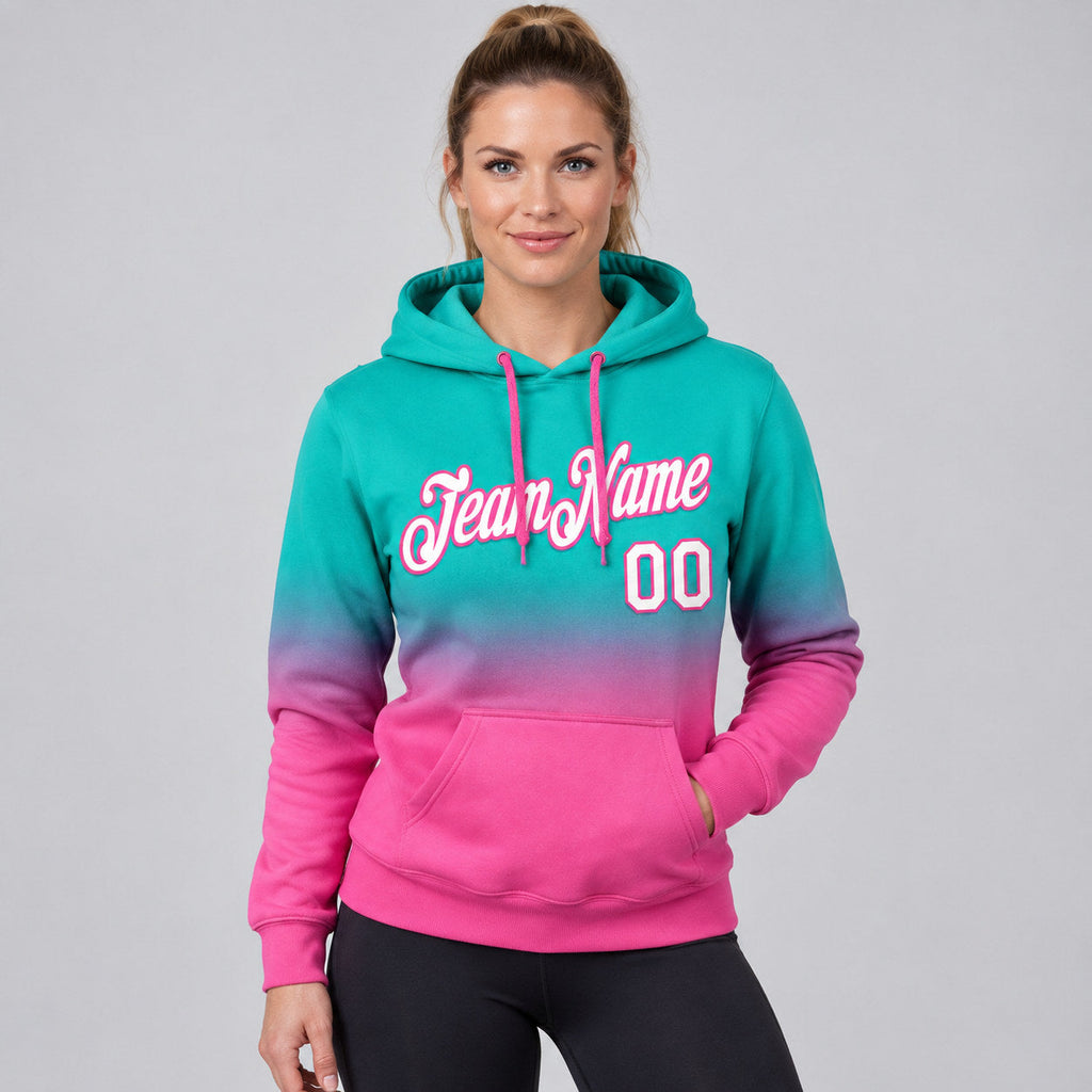 Custom Aqua Fade Pullover Hoodie with White and Pink Lettering worn by female model