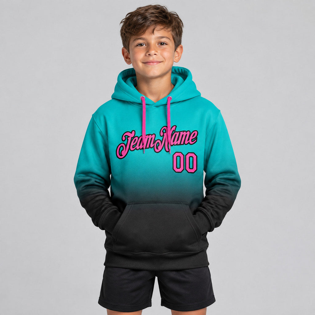 Custom Aqua Fade Pullover Hoodie with Pink and Black Lettering Design 1809 youth size worn by child model