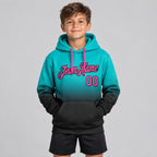 Custom Aqua Fade Pullover Hoodie with Pink and Black Lettering Design 1809 youth size worn by child model