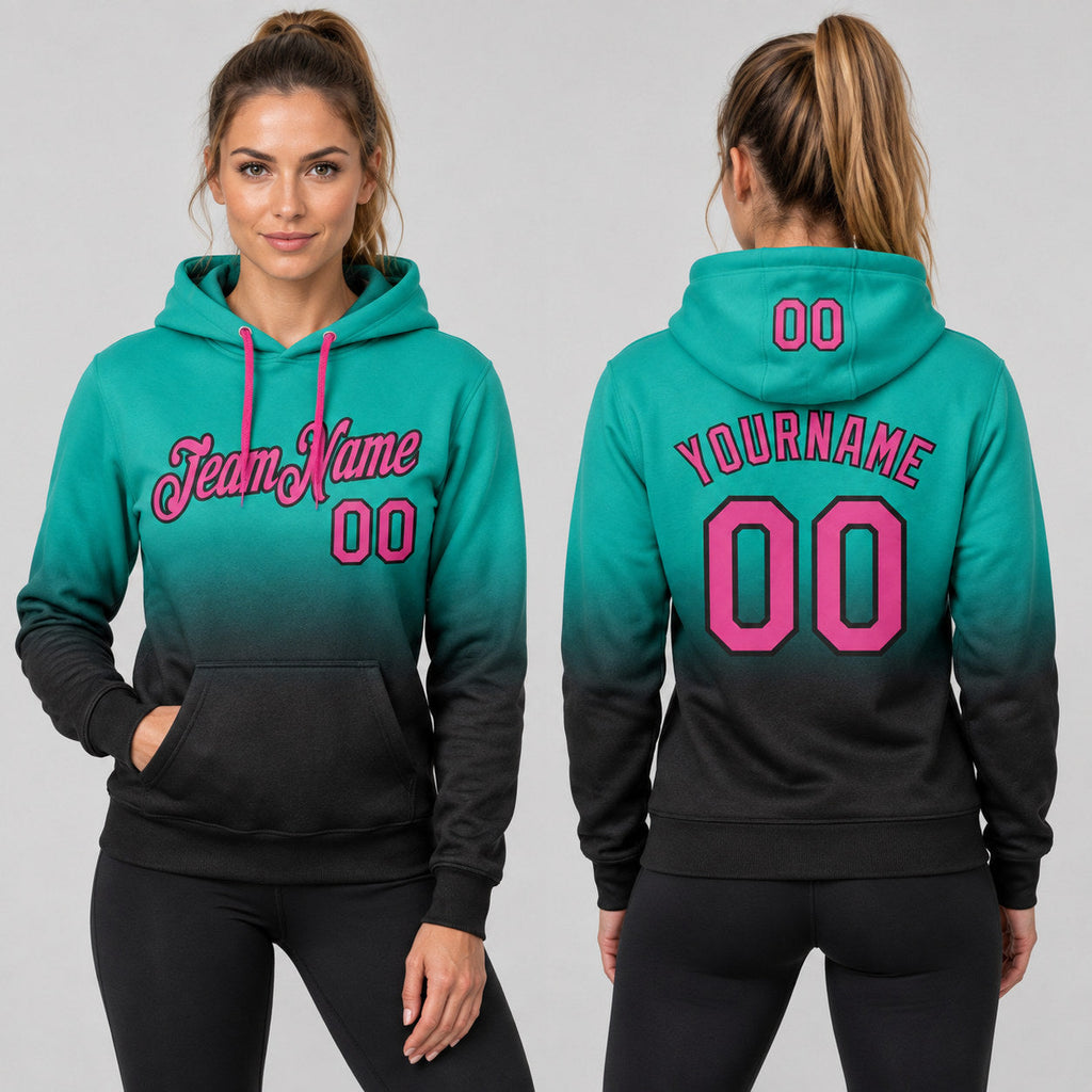 Custom Aqua Fade Pullover Hoodie with Pink and Black Lettering Design 1809 worn by female model