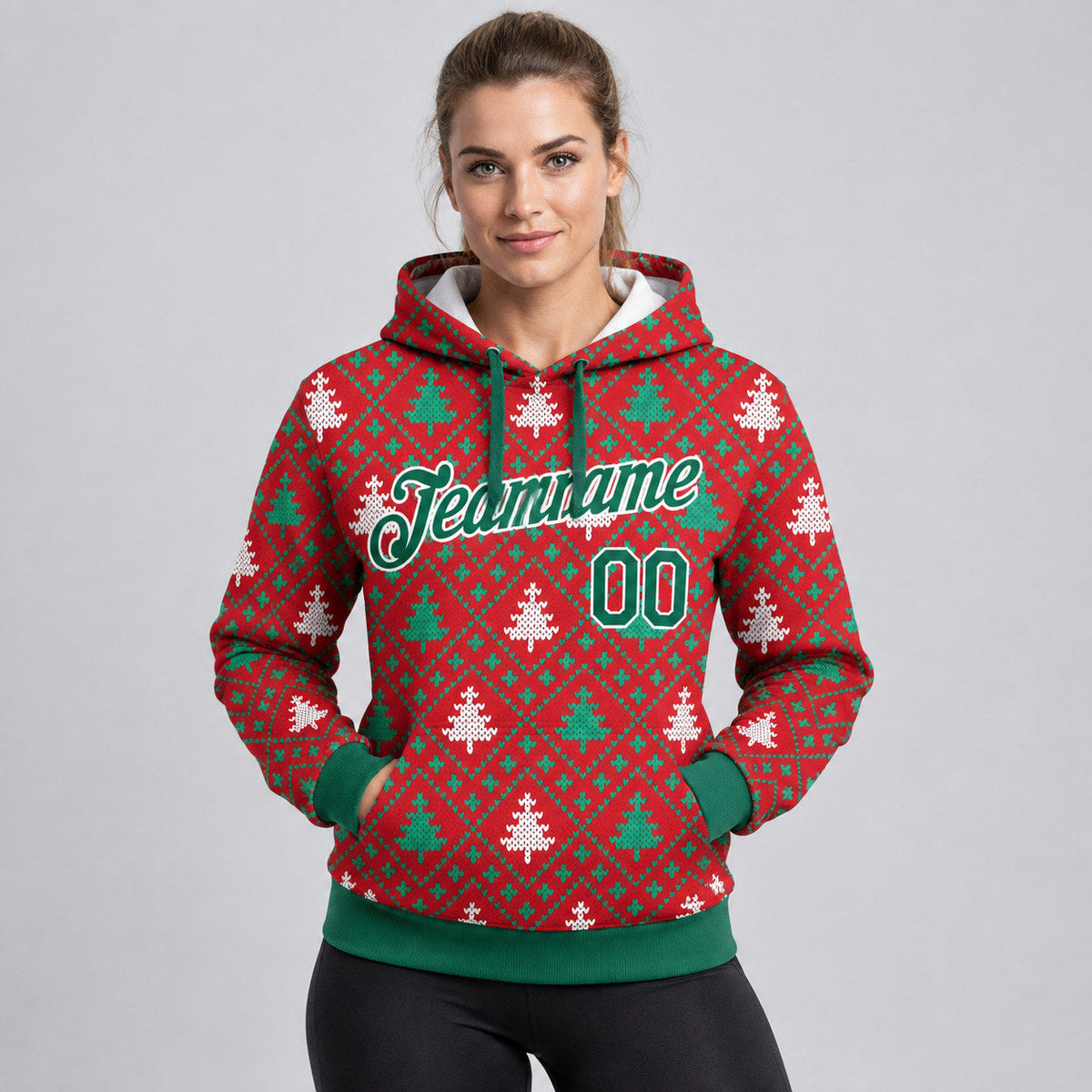 Custom Red Christmas Trees Pullover Hoodie with Kelly Green and White Lettering Design 1056 worn by female model