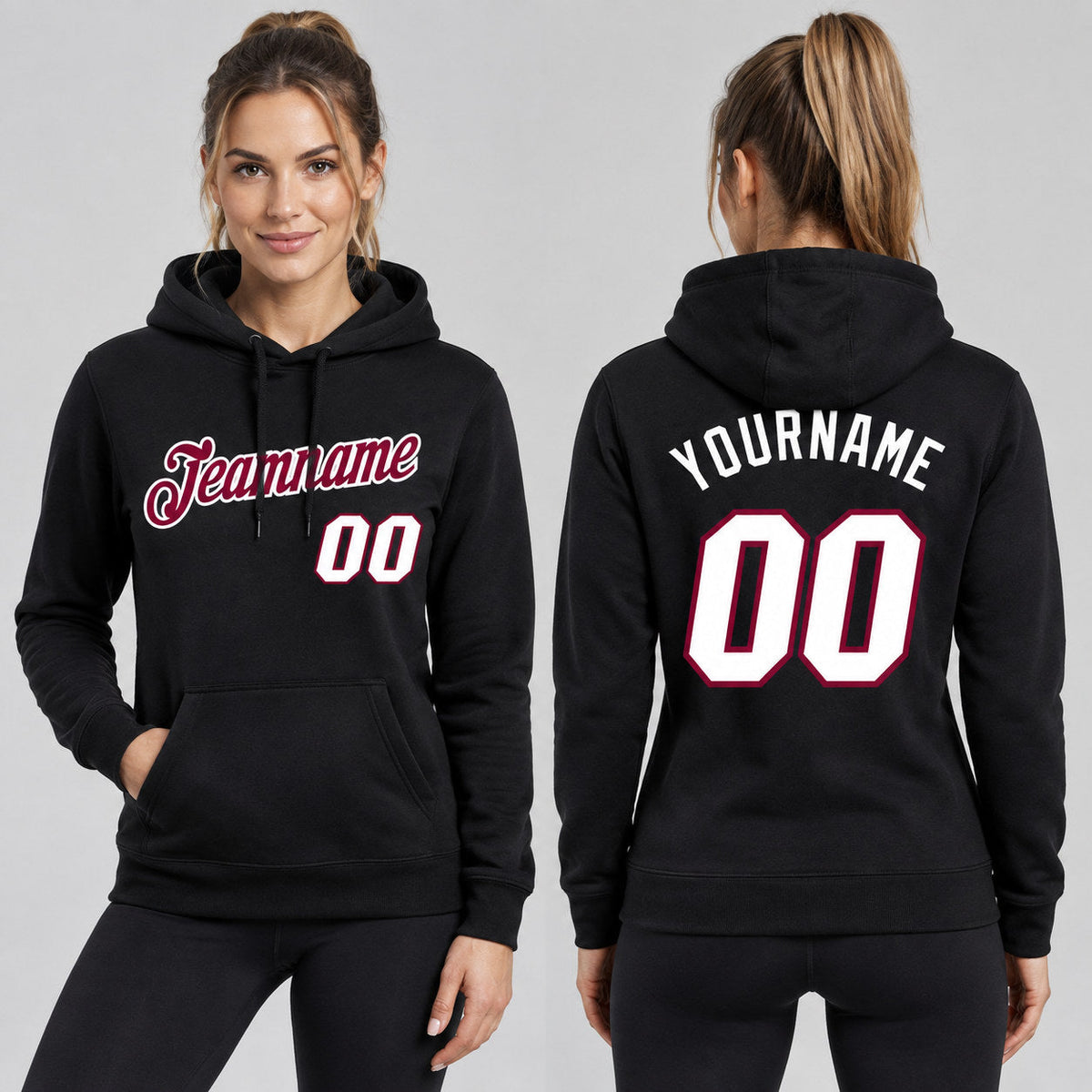 Custom Black Pullover Hoodie with White and Maroon Lettering worn by female model