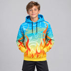 Custom Blue Abstract Flame Pullover Hoodie with Sky Blue and Yellow Lettering youth size worn by child model