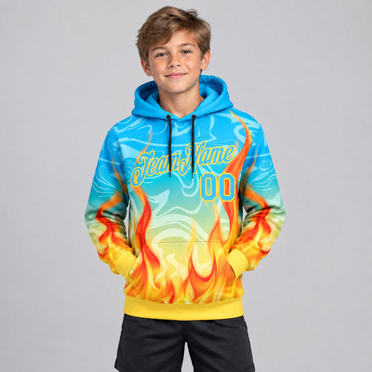 Custom Blue Abstract Flame Pullover Hoodie with Sky Blue and Yellow Lettering youth size worn by child model