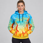 Custom Blue Abstract Flame Pullover Hoodie with Sky Blue and Yellow Lettering worn by female model