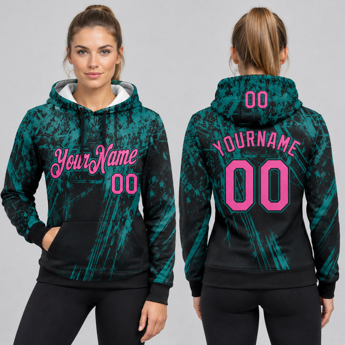 Custom Black Splash Grunge Art Pullover Hoodie with Pink and Teal Lettering worn by female model