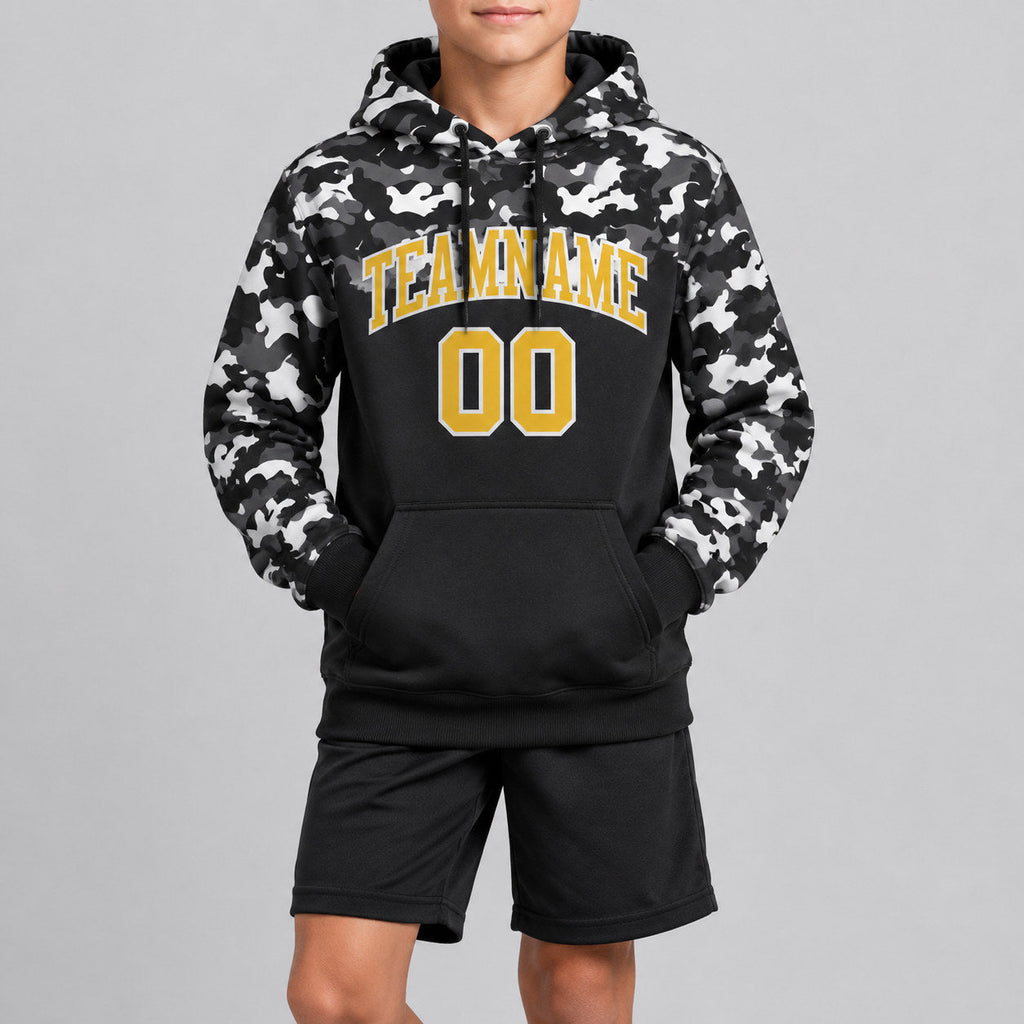 Custom Gold Camo Salute To Service Pullover Hoodie with Black and Steel Gray Lettering youth size worn by child model