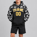 Custom Gold Camo Salute To Service Pullover Hoodie with Black and Steel Gray Lettering youth size worn by child model