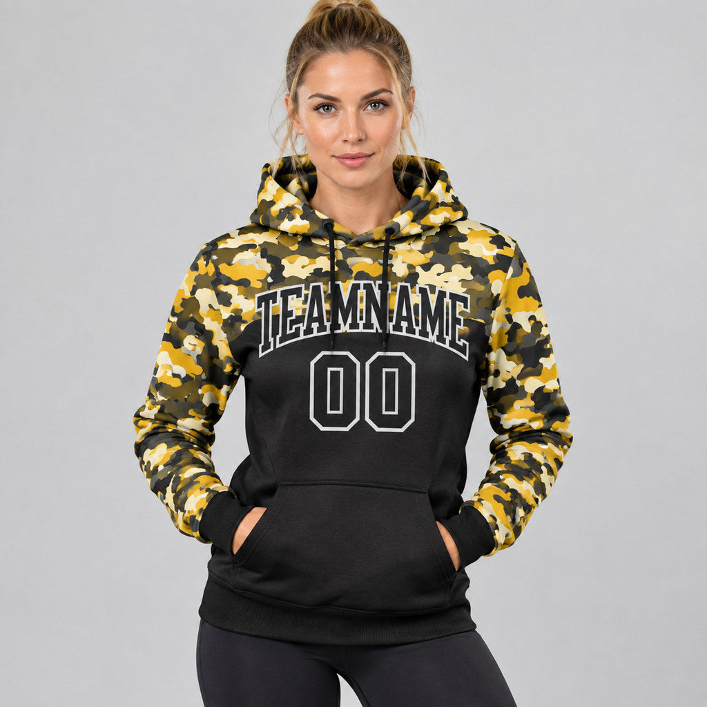 Custom Gold Camo Salute To Service Pullover Hoodie with Black and Steel Gray Lettering worn by female model