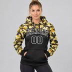 Custom Gold Camo Salute To Service Pullover Hoodie with Black and Steel Gray Lettering worn by female model