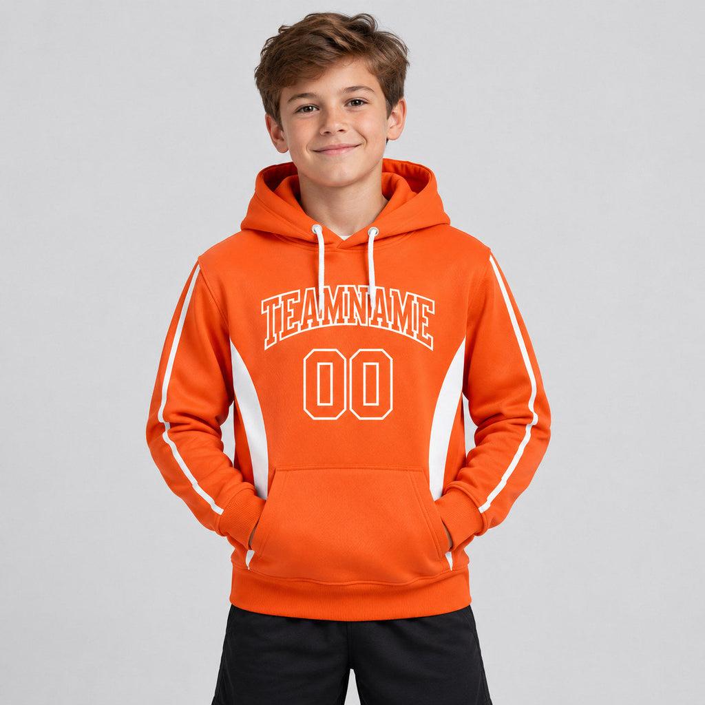 Custom Orange Color Blocking Stripe Pullover Hoodie with White Lettering youth size worn by child model