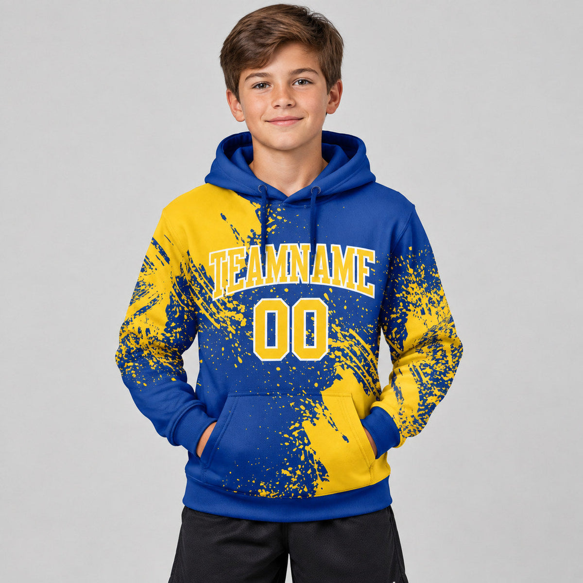 Custom Royal Abstract Brush Stroke Pullover Hoodie with Yellow and White Lettering youth size worn by child model