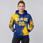 Custom Royal Abstract Brush Stroke Pullover Hoodie with Yellow and White Lettering worn by female model