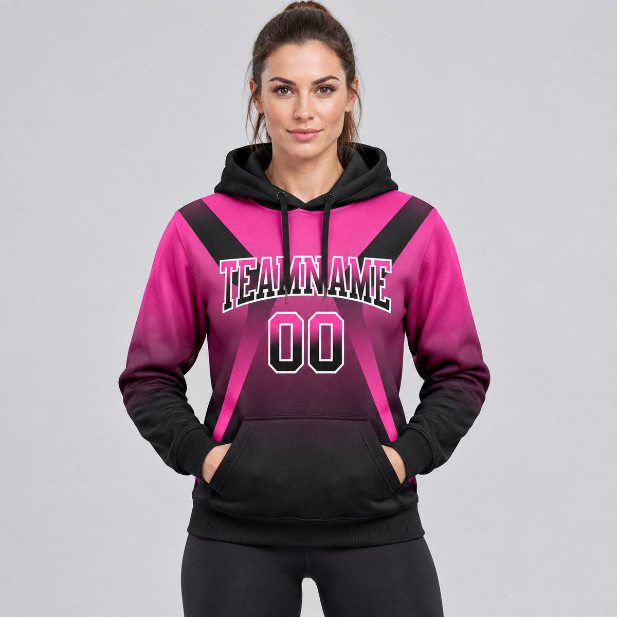 Custom Pink Fade Arrow Pullover Hoodie with Black and White Lettering worn by female model