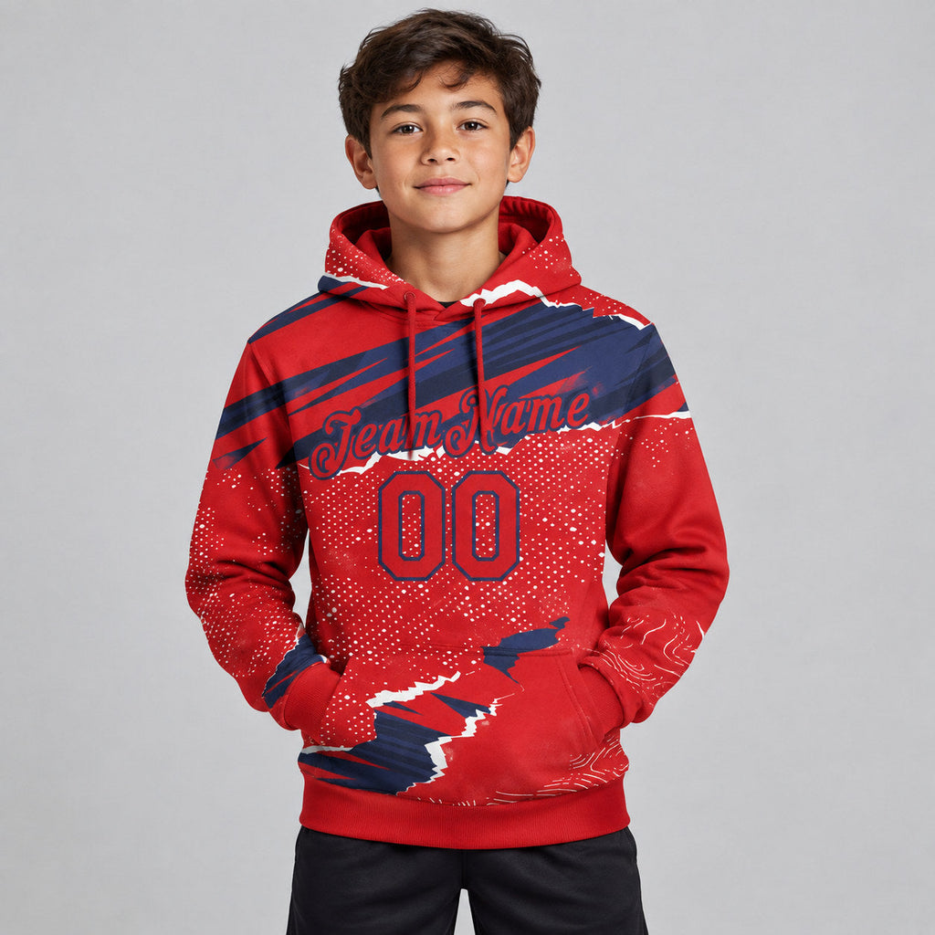 Custom Red Torn Paper Pullover Hoodie with Navy Lettering youth size worn by child model