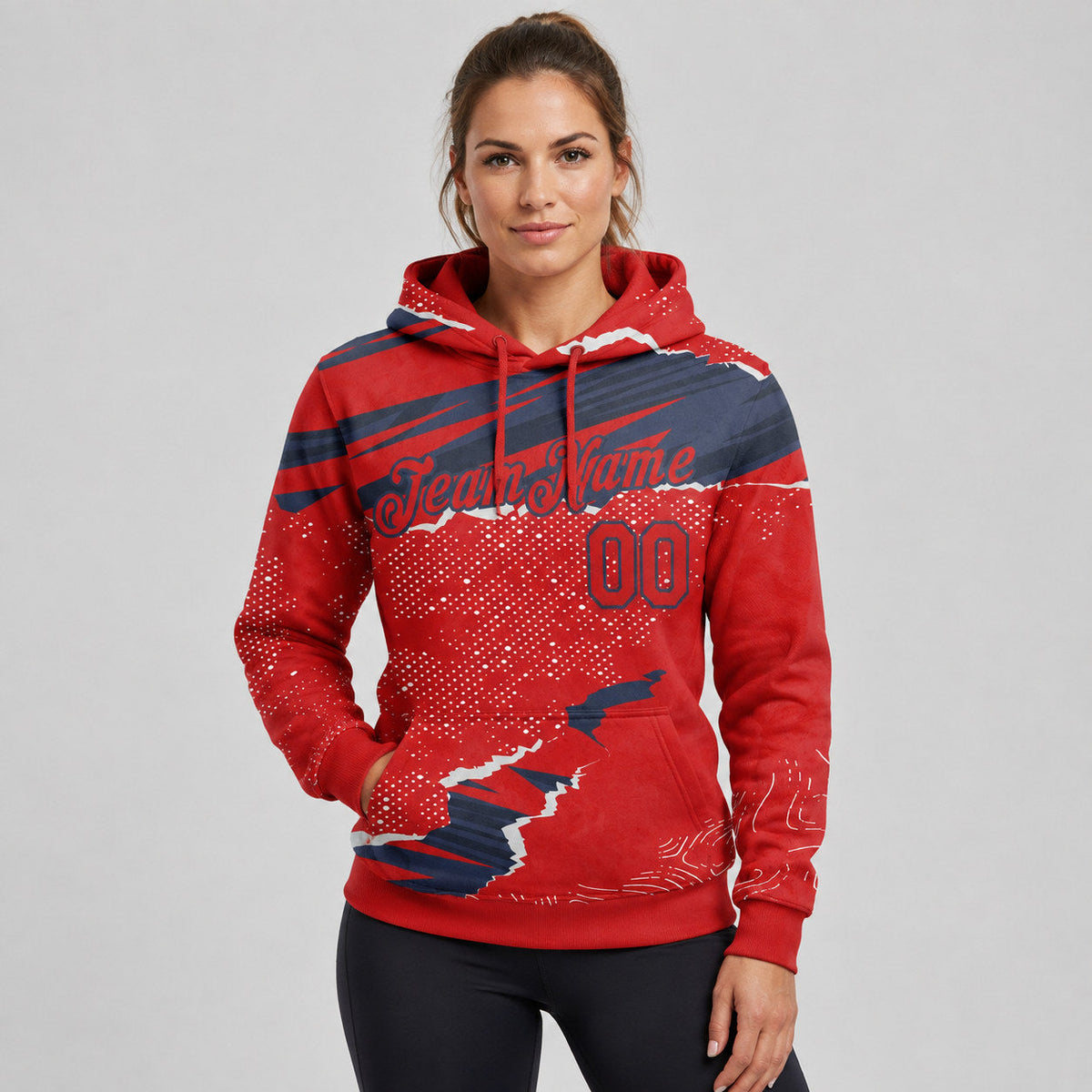 Custom Red Torn Paper Pullover Hoodie with Navy Lettering worn by female model