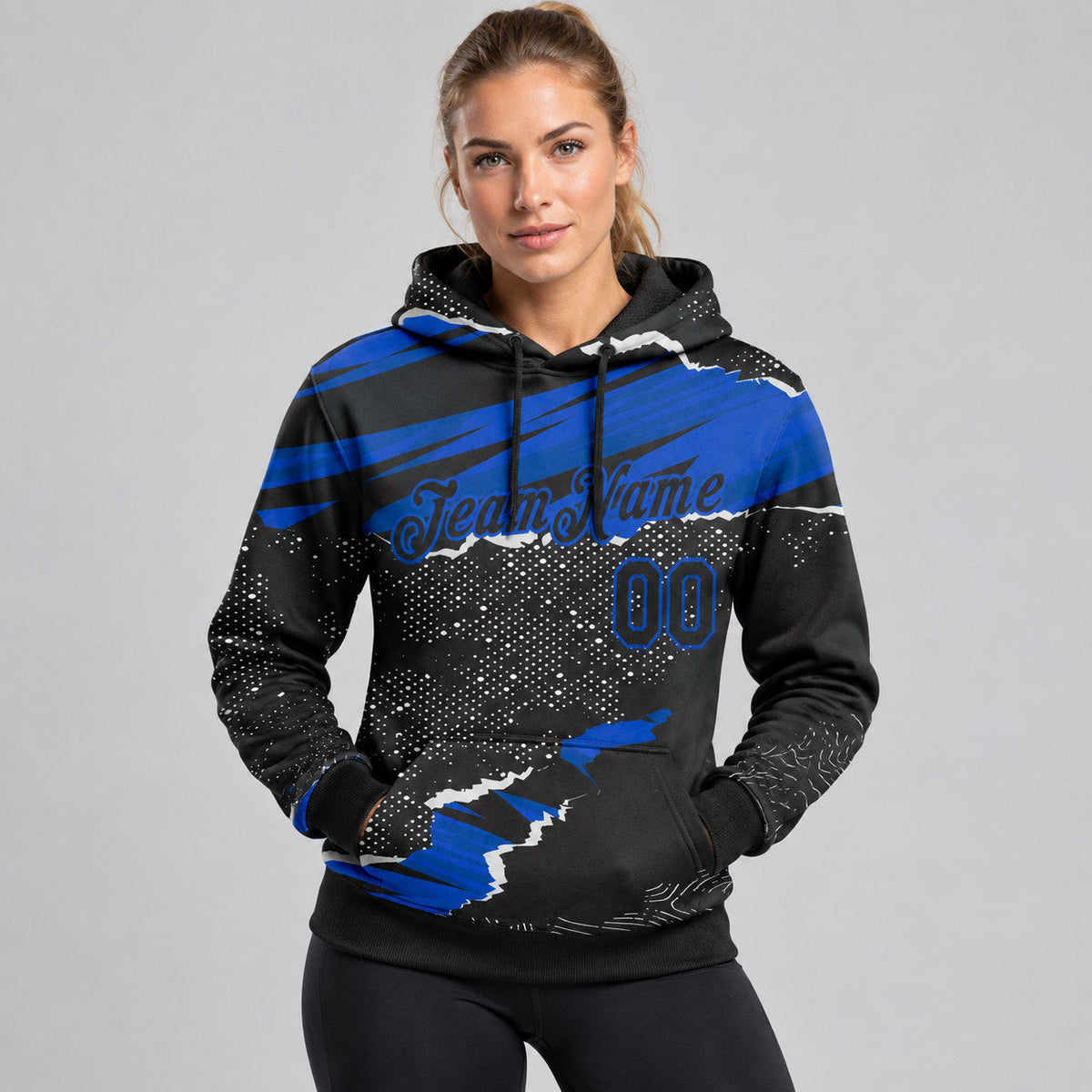 Custom Black Torn Paper Pullover Hoodie with Thunder Blue Lettering worn by female model