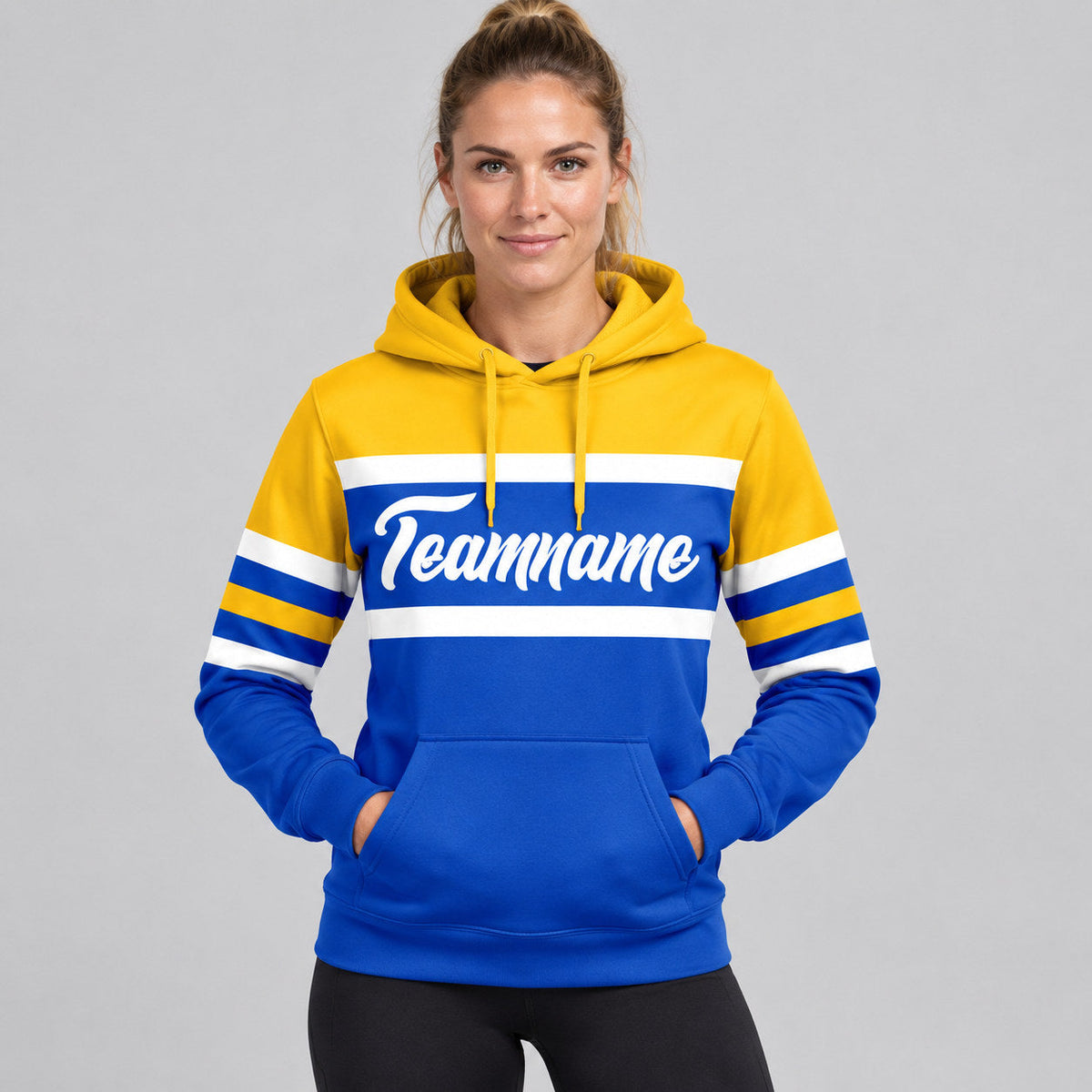 Custom Thunder Blue Line Pullover Hoodie with White and Gold Lettering worn by female model