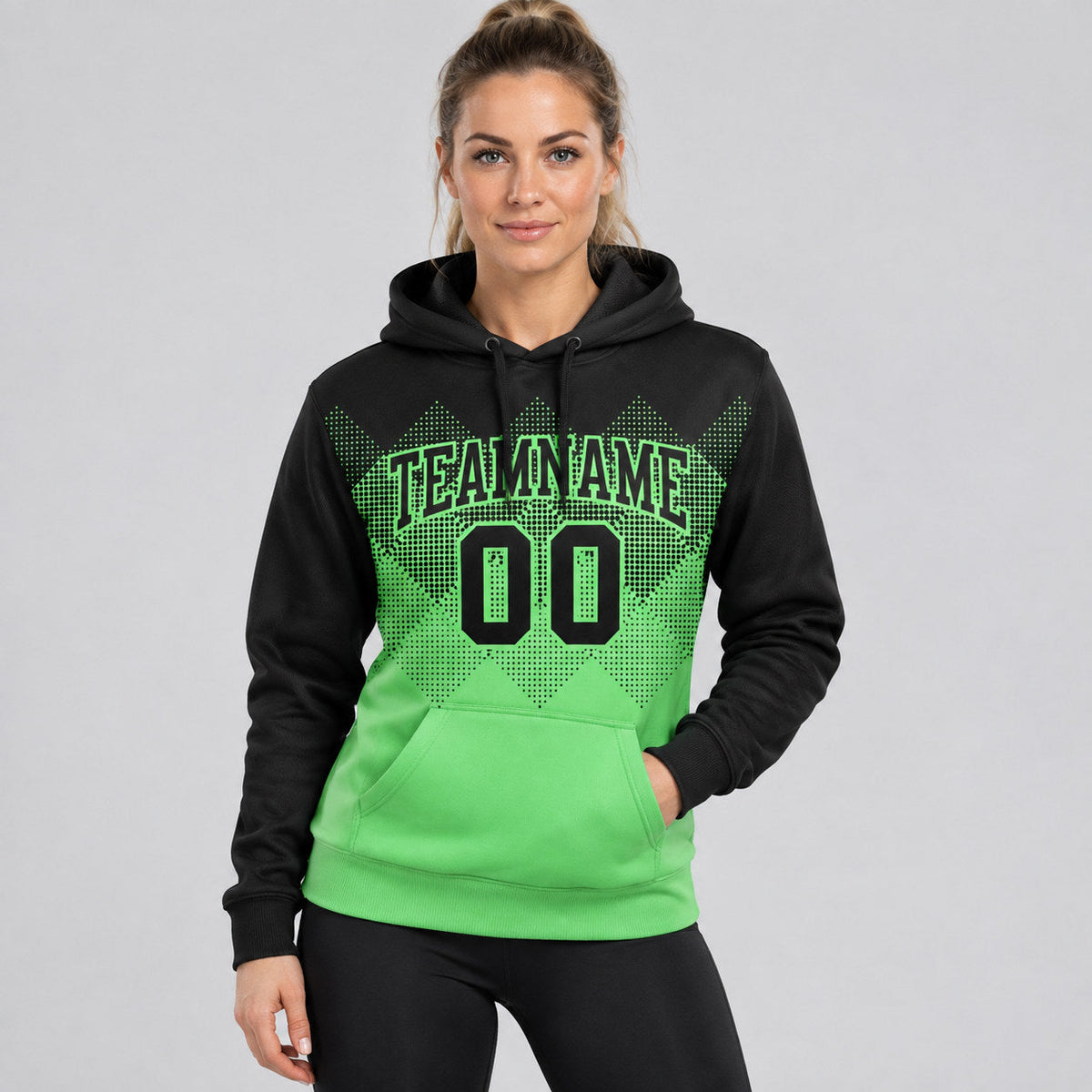 Custom Black Gradient Square Shape Pullover Hoodie with Pea Green Lettering worn by female model
