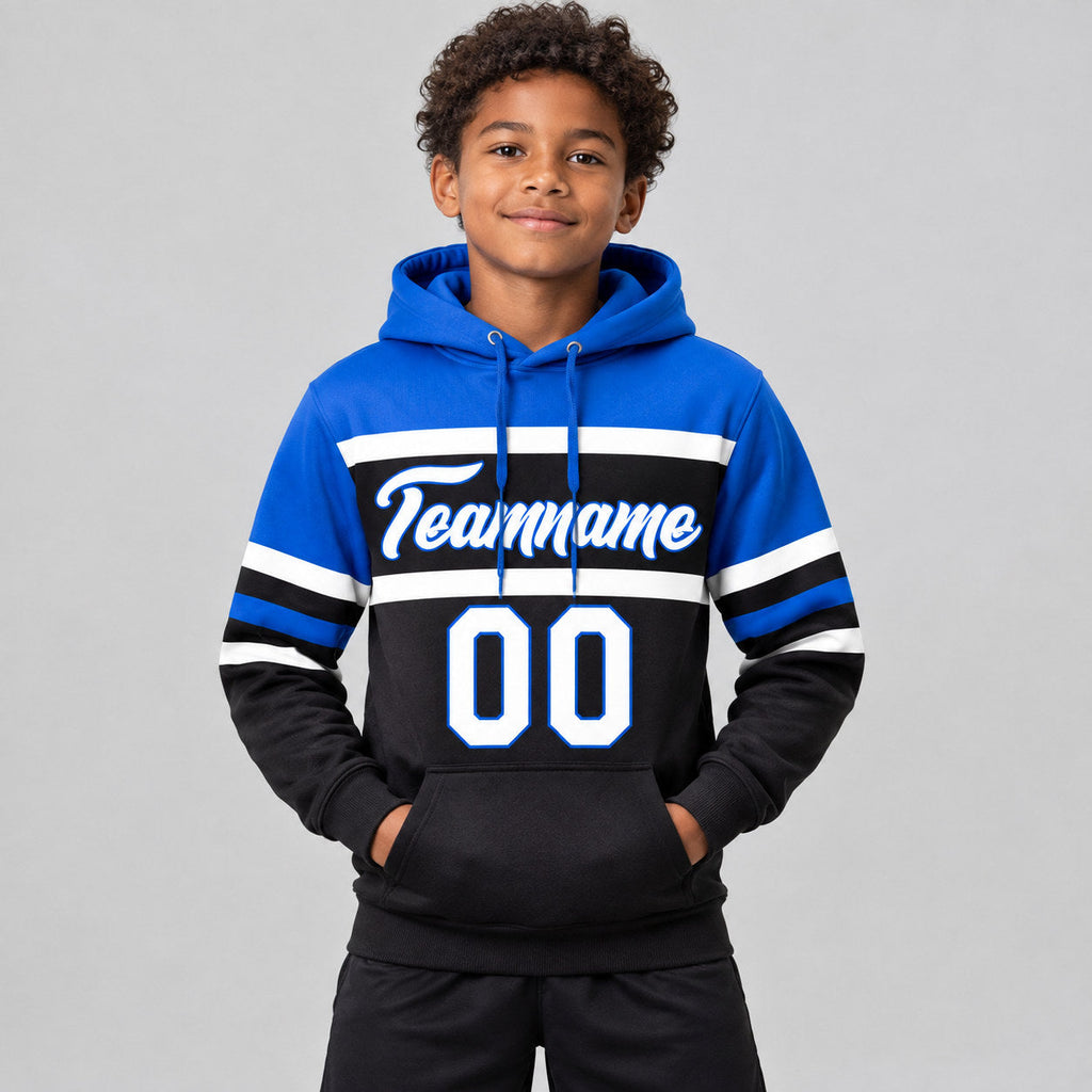 Custom Black Line Pullover Hoodie with White and Thunder Blue Lettering youth size worn by child model