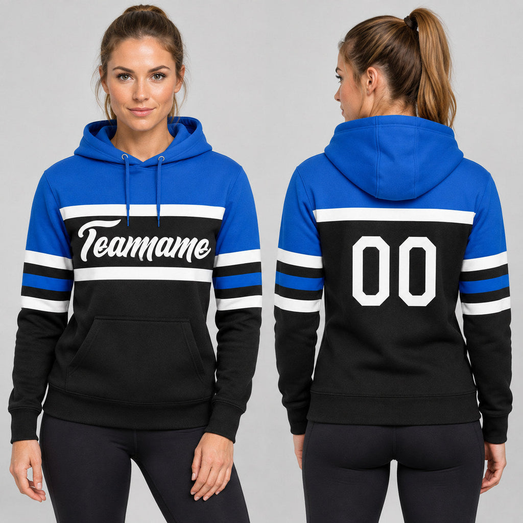 Custom Black Line Pullover Hoodie with White and Thunder Blue Lettering worn by female model