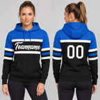 Custom Black Line Pullover Hoodie with White and Thunder Blue Lettering worn by female model