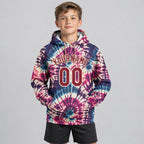 Custom Crimson and Cream Tie Dye Hippie Batik Pullover Hoodie youth size worn by child model