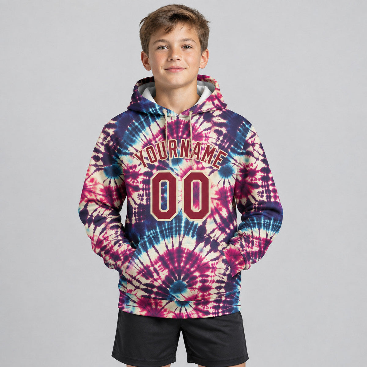 Custom Crimson and Cream Tie Dye Hippie Batik Pullover Hoodie youth size worn by child model
