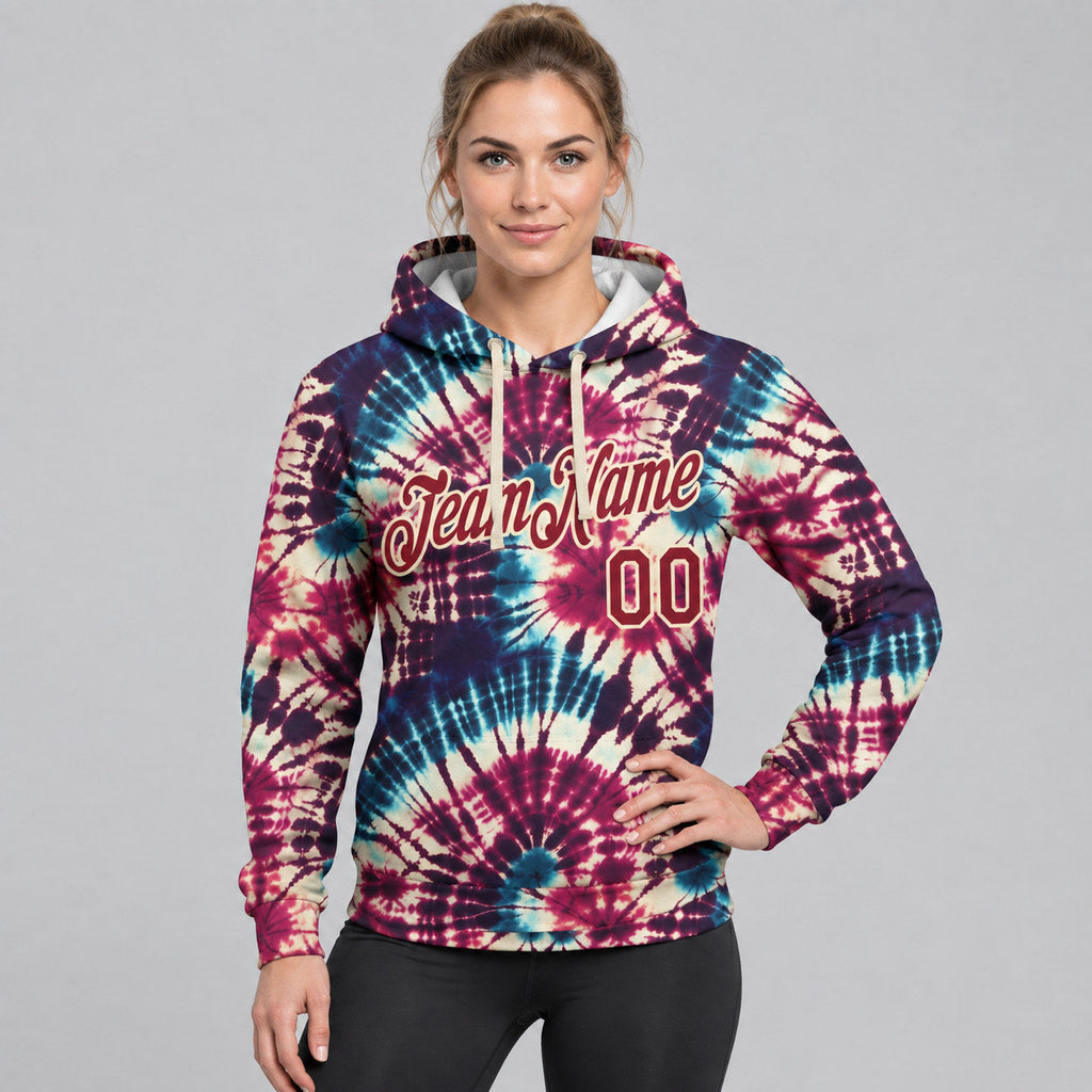 Custom Crimson and Cream Tie Dye Hippie Batik Pullover Hoodie worn by female model