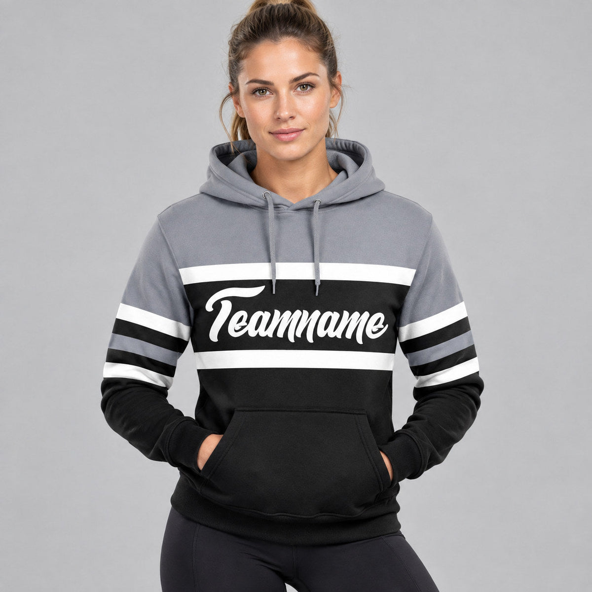 Custom Black Line Pullover Hoodie with White and Gray Lettering worn by female model