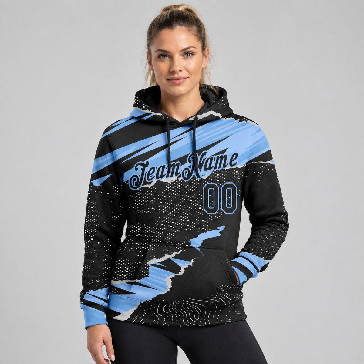 Custom Black Torn Paper Pullover Hoodie with Light Blue Lettering worn by female model